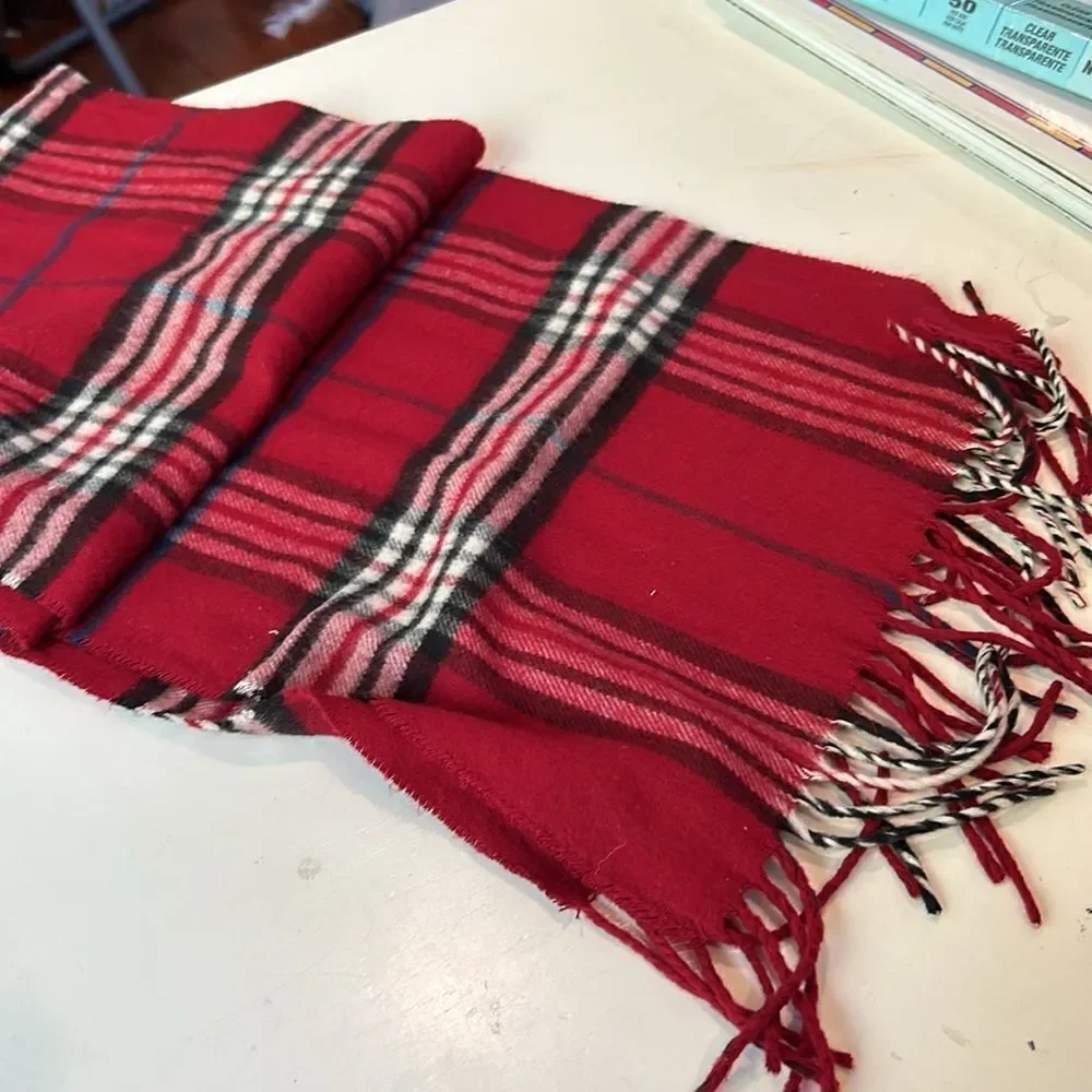 Plaid red, black and white plaid cashmere scarf